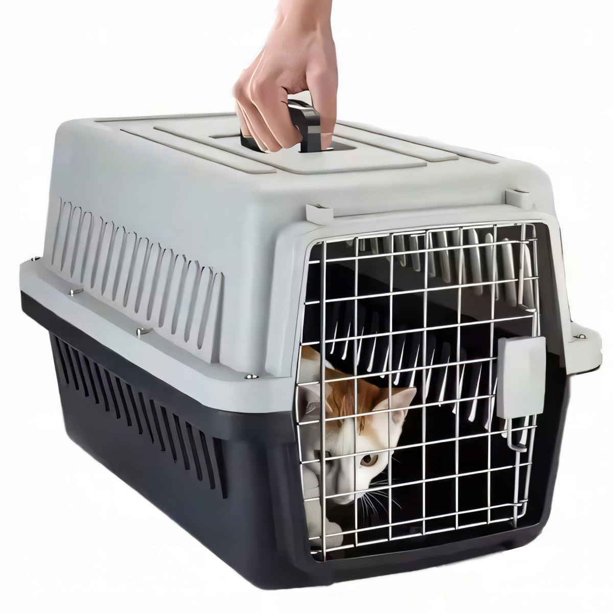 Retoo Transporter dla kota i psa 48x31x30 cm z poidełkiem i metalowymi drzwiczkami – szary