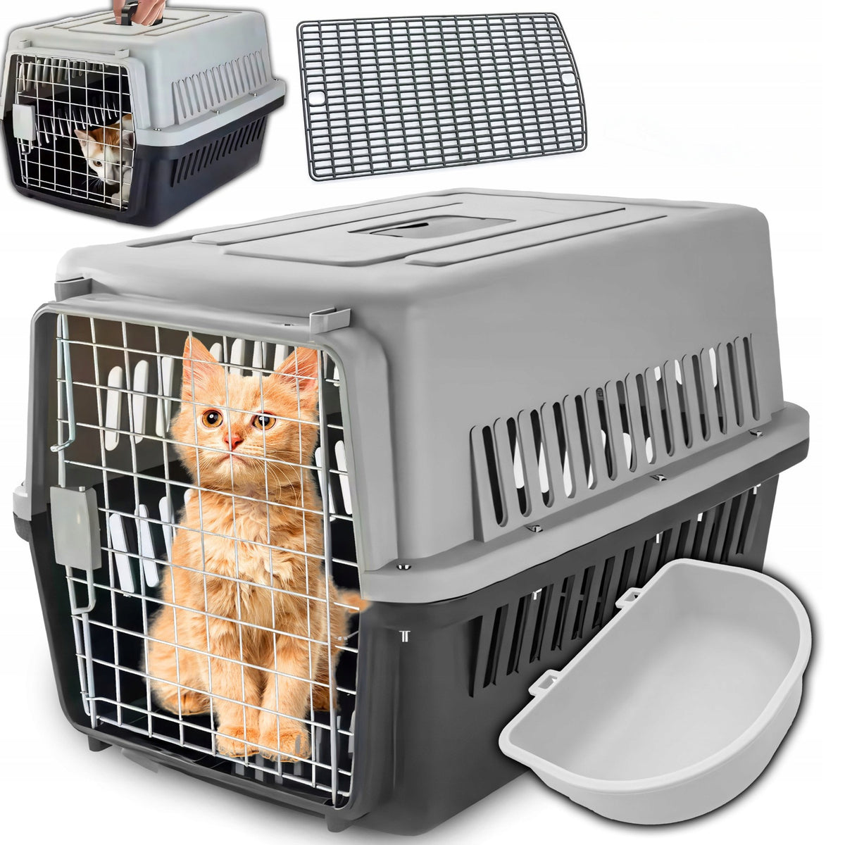 Retoo Transporter dla kota i psa 48x31x30 cm z poidełkiem i metalowymi drzwiczkami – szary