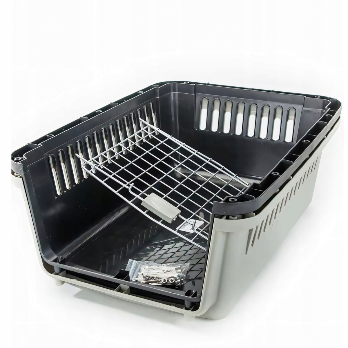 Retoo Transporter dla kota i psa 48x31x30 cm z poidełkiem i metalowymi drzwiczkami – szary