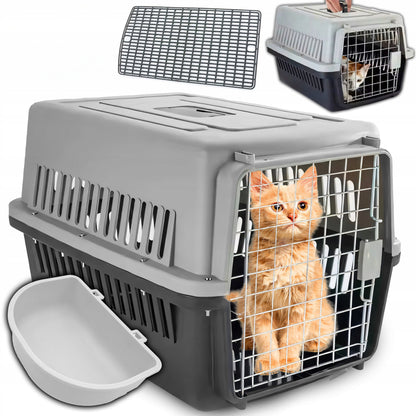 Retoo Transporter dla kota i psa 48x31x30 cm z poidełkiem i metalowymi drzwiczkami – szary