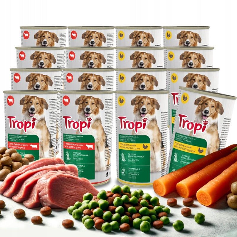 TROPI Mokra karma dla psa w puszkach 16 x 1250 g – drób i wołowina, mix smaków