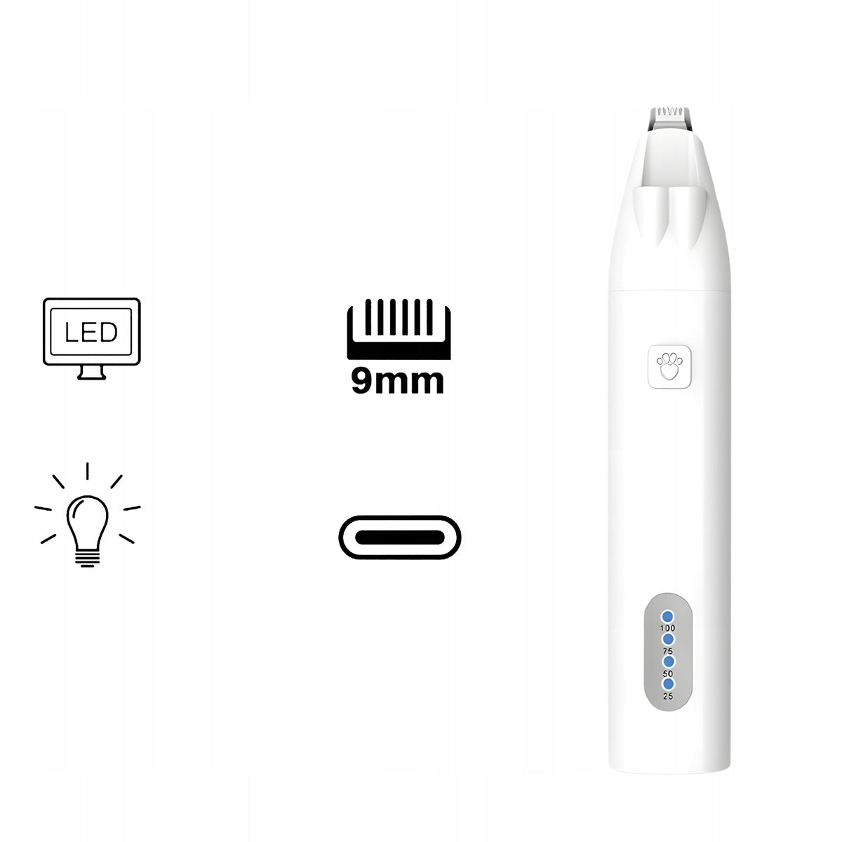 Trymer do łap dla psa i kota 9 mm bezprzewodowy z LED, ładowanie USB-C – 90 min pracy