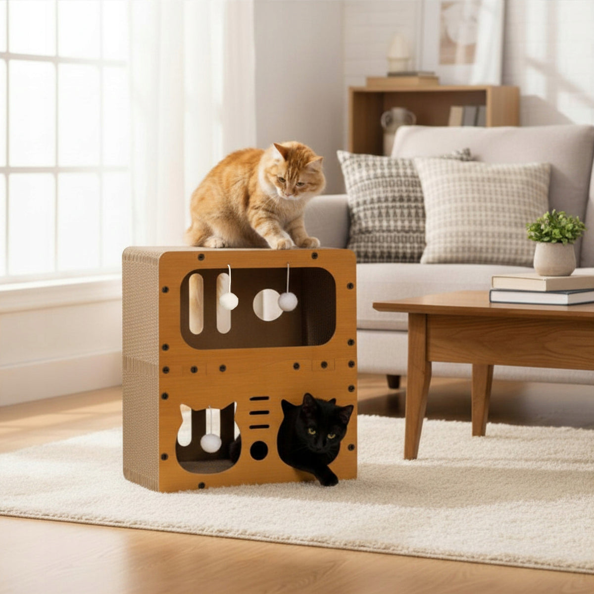 Tekturowy drapak dla kota domek piętrowy 60 cm – 3 poziomy, legowisko i zabawka, brązowy