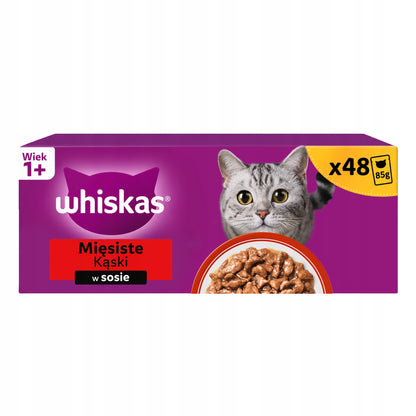 Whiskas Adult mokra karma dla kota w sosie 48 x 85 g – klasyczne posiłki, mix smaków