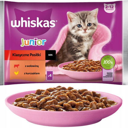 Whiskas Junior mokra karma dla kociąt w sosie 32x85 g – wołowina i kurczak, saszetki