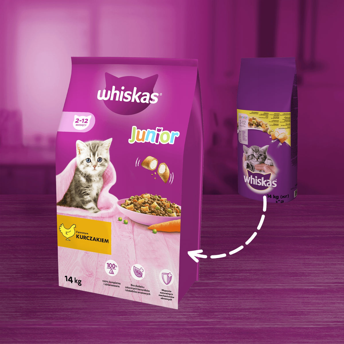 Whiskas Junior sucha karma dla kociąt z kurczakiem 14 kg – pełnoporcjowa, z tauryną