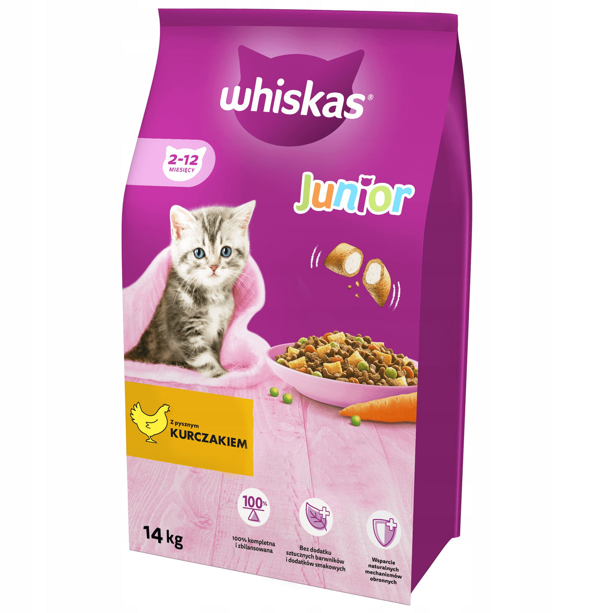 Whiskas Junior sucha karma dla kociąt z kurczakiem 14 kg – pełnoporcjowa, z tauryną