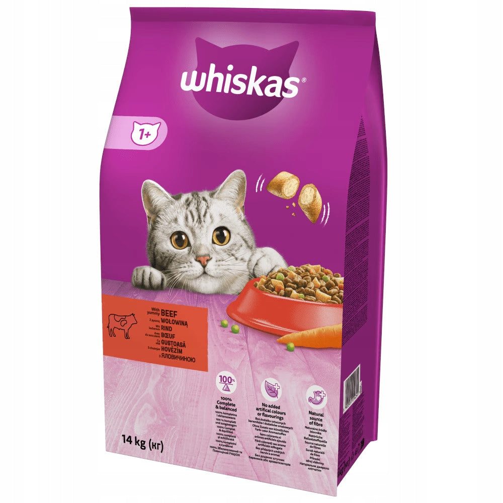 Whiskas Adult sucha karma dla kota z wołowiną 14 kg – z pasztecikami, dla kotów dorosłych
