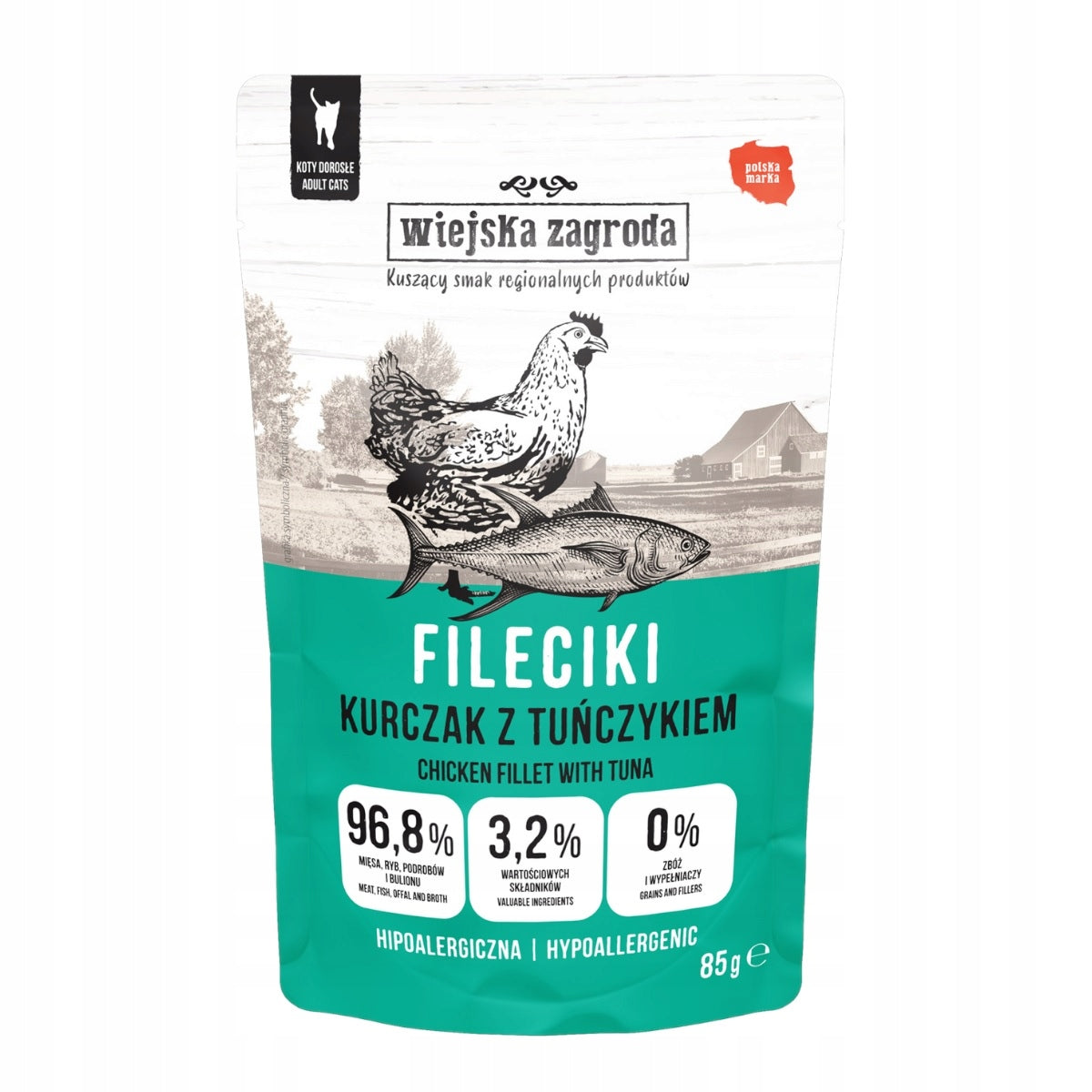Wiejska Zagroda Fileciki karma mokra dla kota 12 x 85 g – bezzbożowa, mix 4 smaków