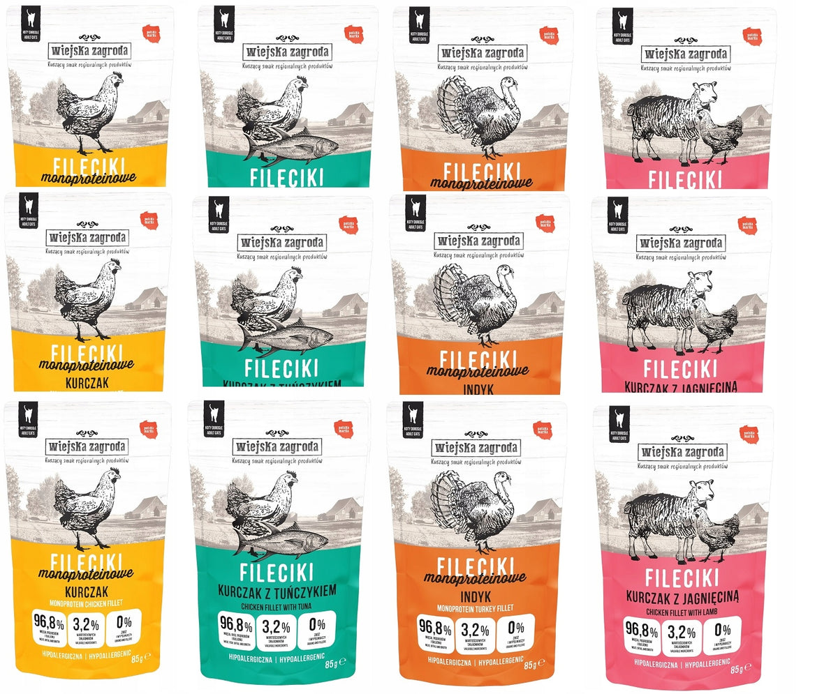 Wiejska Zagroda Fileciki karma mokra dla kota 12 x 85 g – bezzbożowa, mix 4 smaków