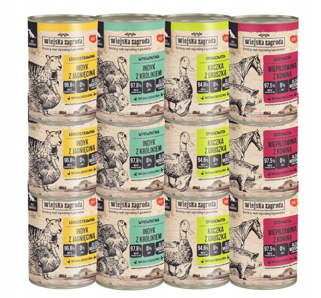 Wiejska Zagroda karma mokra dla psa bezzbożowa 12 x 400 g – mix smaków, puszki