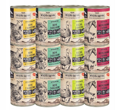 Wiejska Zagroda karma mokra dla psa bezzbożowa 12 x 400 g – mix smaków, puszki
