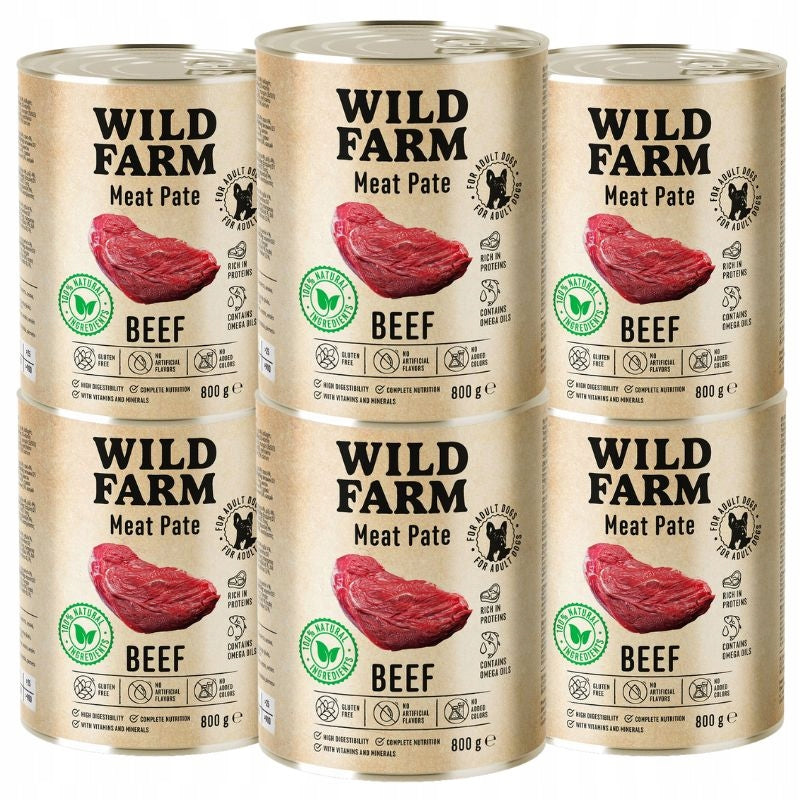 Wild Farm Mokra karma dla psa z wołowiną, pasztet bezglutenowy 6 x 800 g – dorosłe psy
