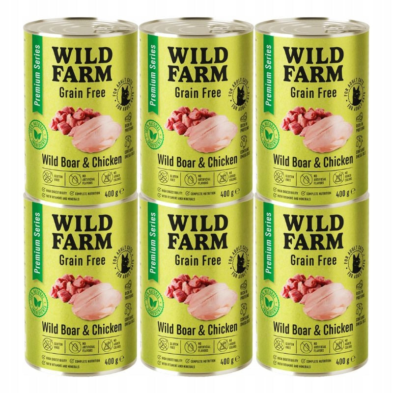 Wild Farm karma mokra dla kota bezzbożowa 6x400 g – dzik i kurczak w puszce