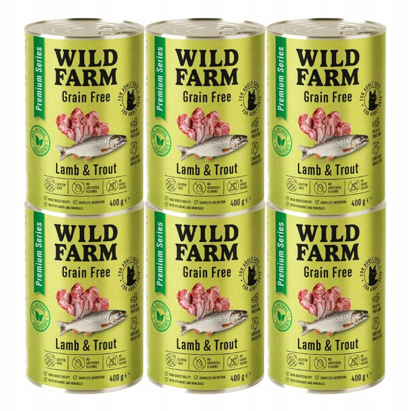 Wild Farm Premium Grain Free mokra karma dla kota bezzbożowa 6x400 g – jagnięcina i pstrąg