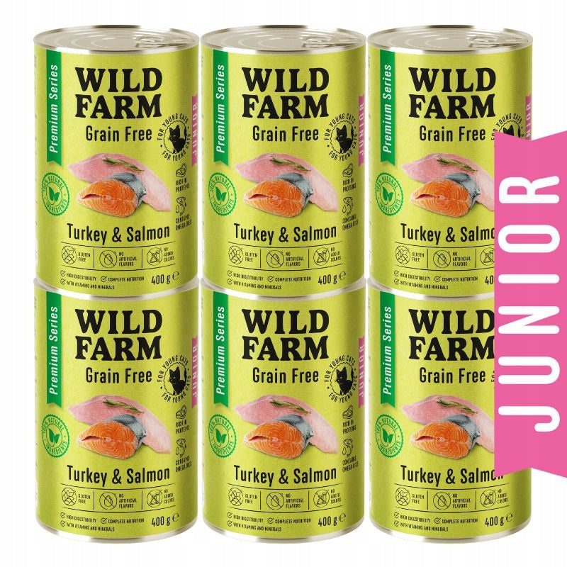 Wild Farm Mokra karma dla kociąt bezzbożowa 6x400 g – indyk z łososiem, junior