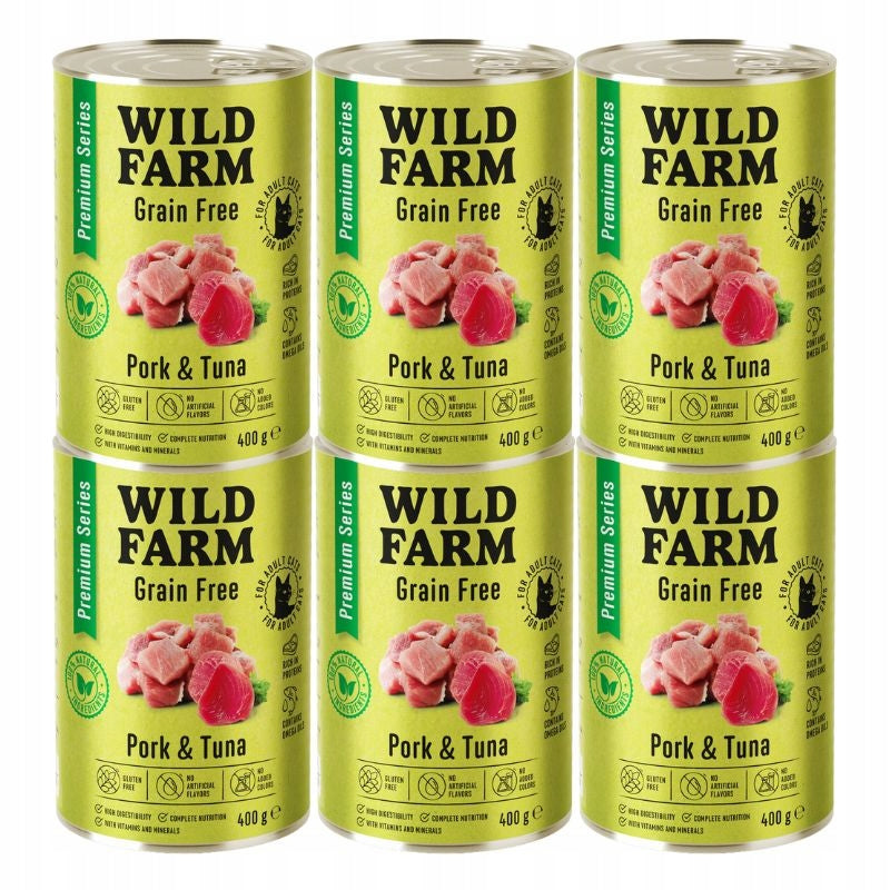 Wild Farm Karma mokra dla kota bezzbożowa – wieprzowina i tuńczyk, 6 x 400 g