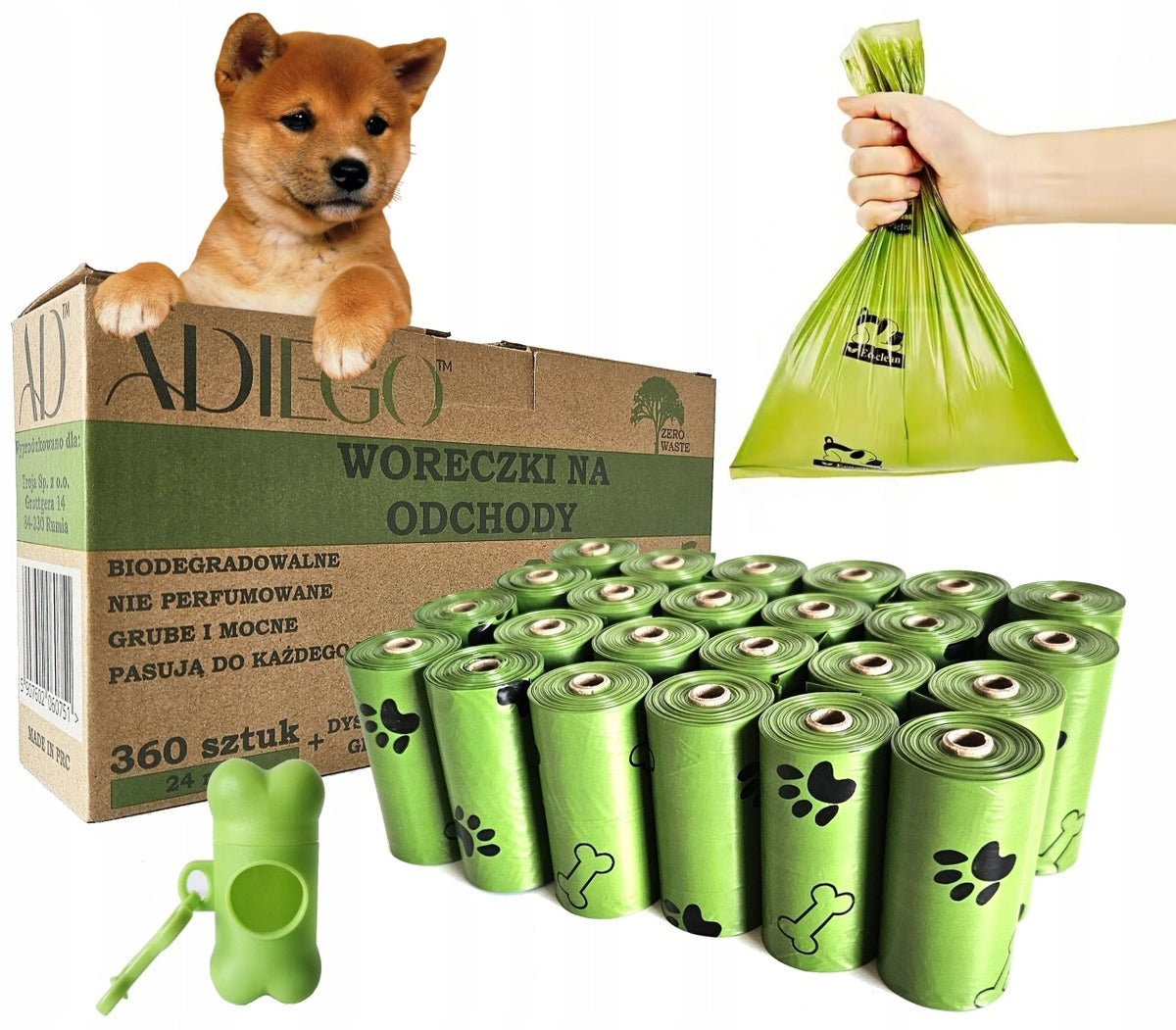 Biodegradowalne woreczki na psie odchody 360 szt. z etui-dyspenserem – zielone