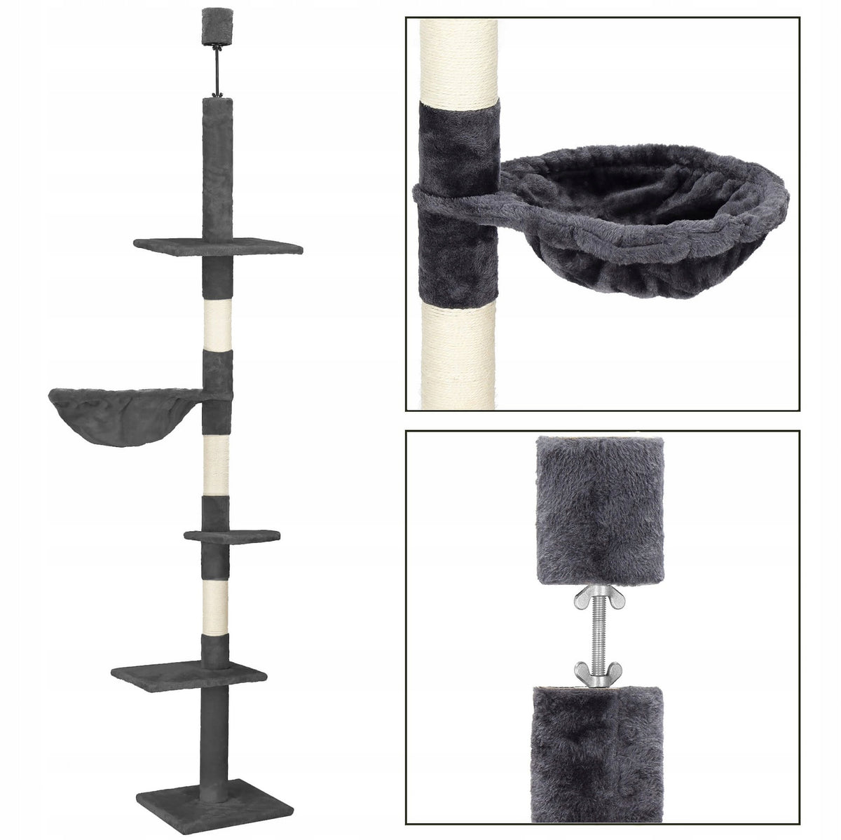 Springos Drapak sufitowy dla kota 245-260 cm z sizalem, 5 poziomów – ciemnoszary/beżowy