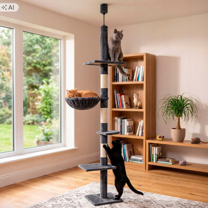 Springos Drapak sufitowy dla kota 245-260 cm z sizalem, 5 poziomów – ciemnoszary/beżowy