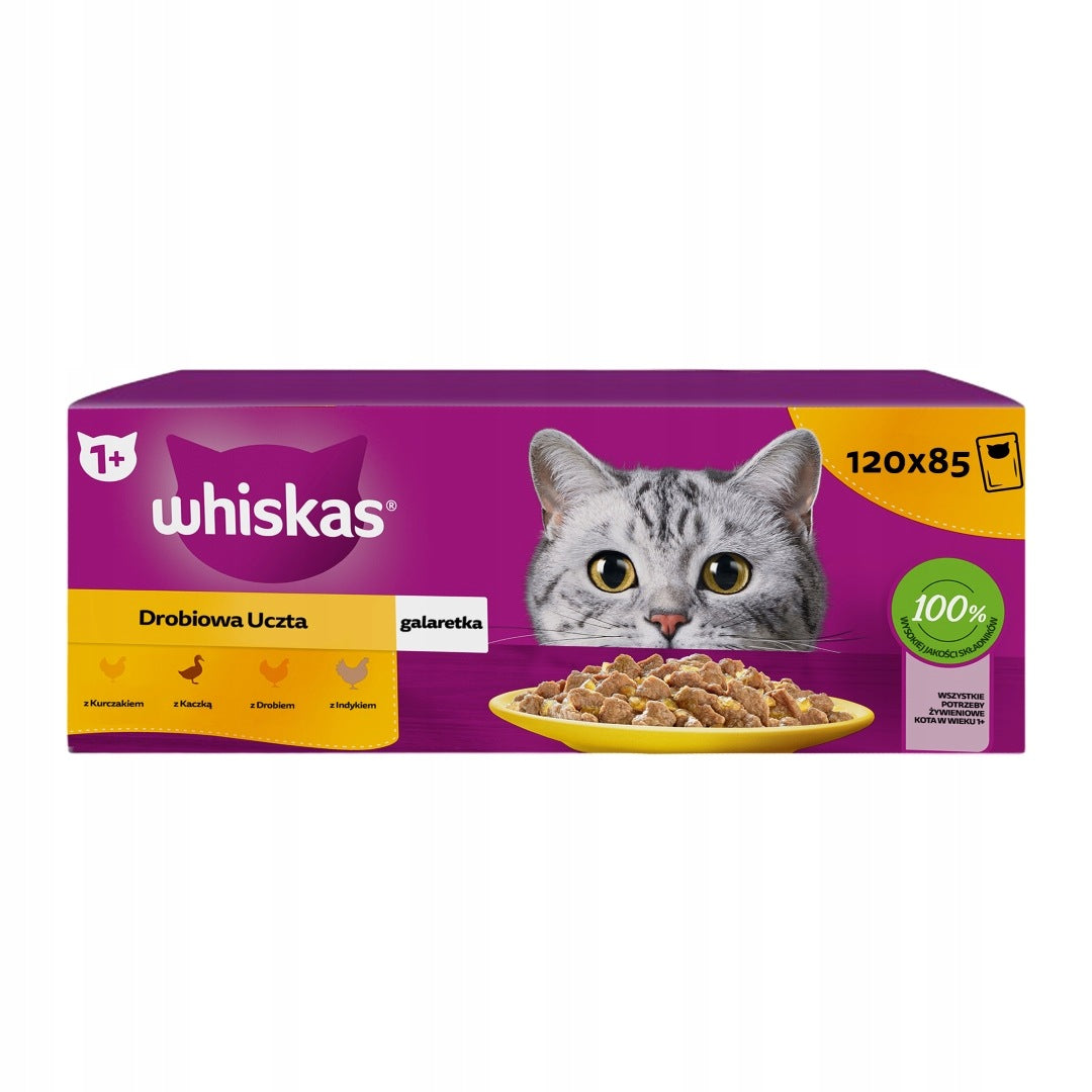 Whiskas Drobiowa Uczta mokra karma dla dorosłego kota w galaretce 120 x 85 g – mix smaków