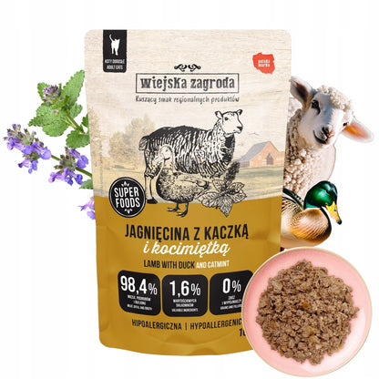 Wiejska Zagroda mokra karma dla kota bezzbożowa 12 x 100 g – jagnięcina z kaczką i kocimiętką