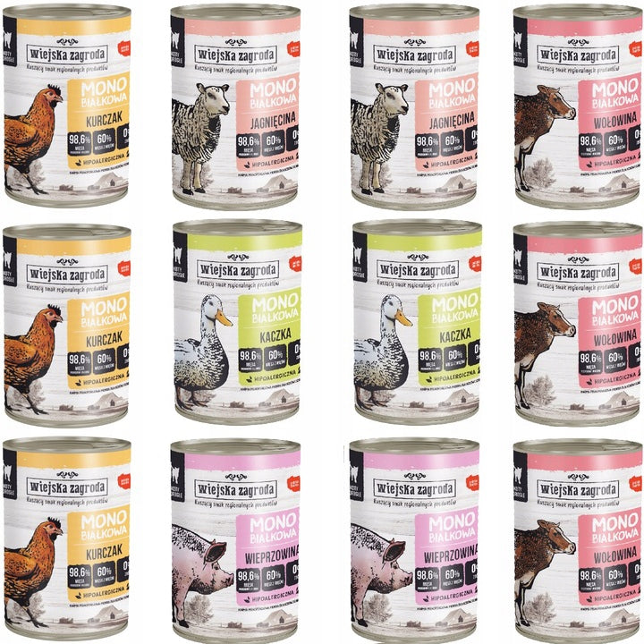Wiejska Zagroda karma mokra dla kota monobiałkowa 12x 400 g bezzbożowa – mix smaków