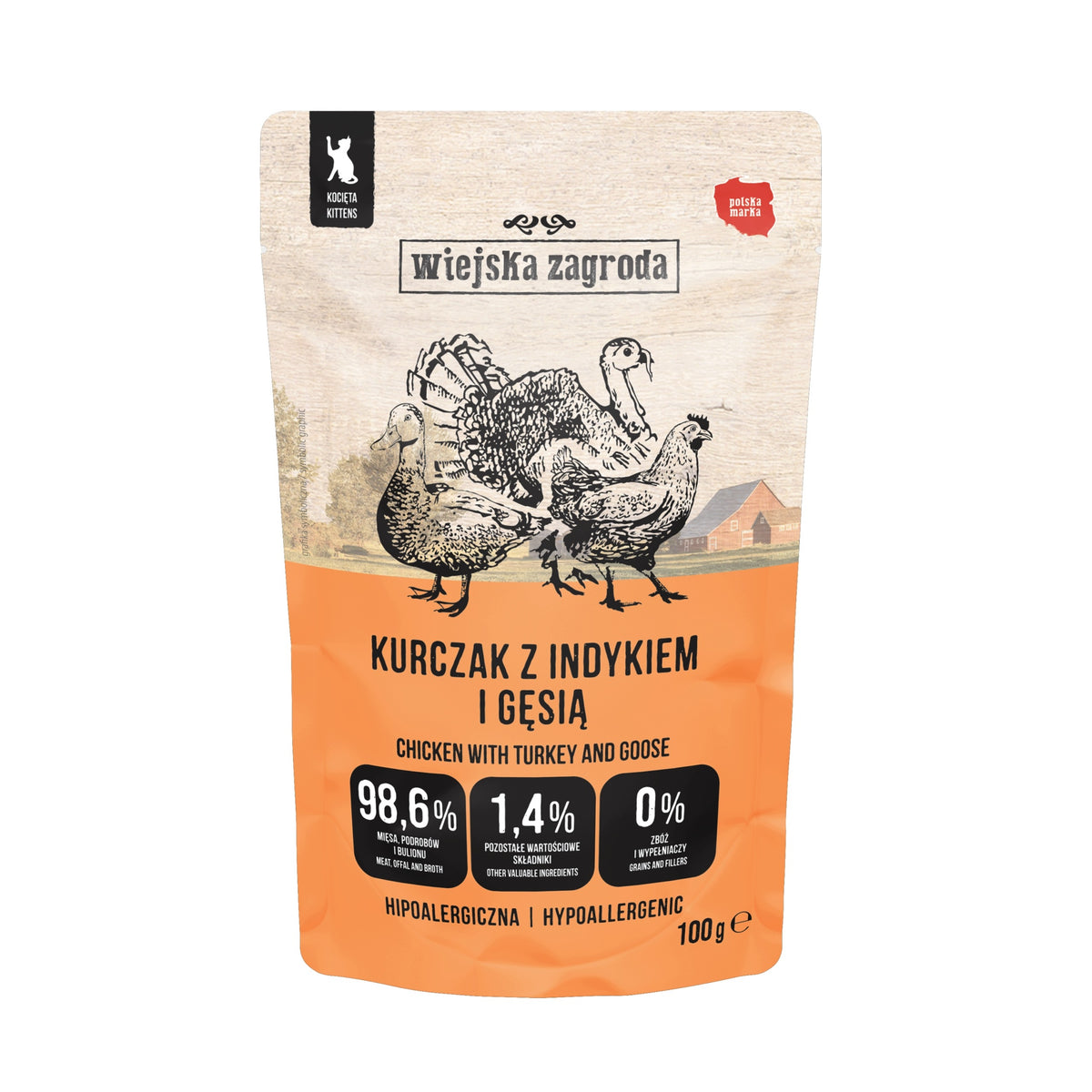 Wiejska Zagroda Karma mokra dla kociąt bezzbożowa 12x 100 g – kurczak z indykiem i gęsią