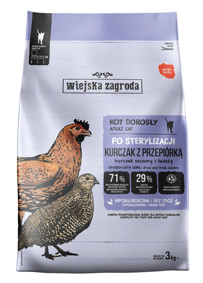 Wiejska Zagroda Karma sucha dla kota sterylizowanego 3 kg bezzbożowa – kurczak z przepiórką