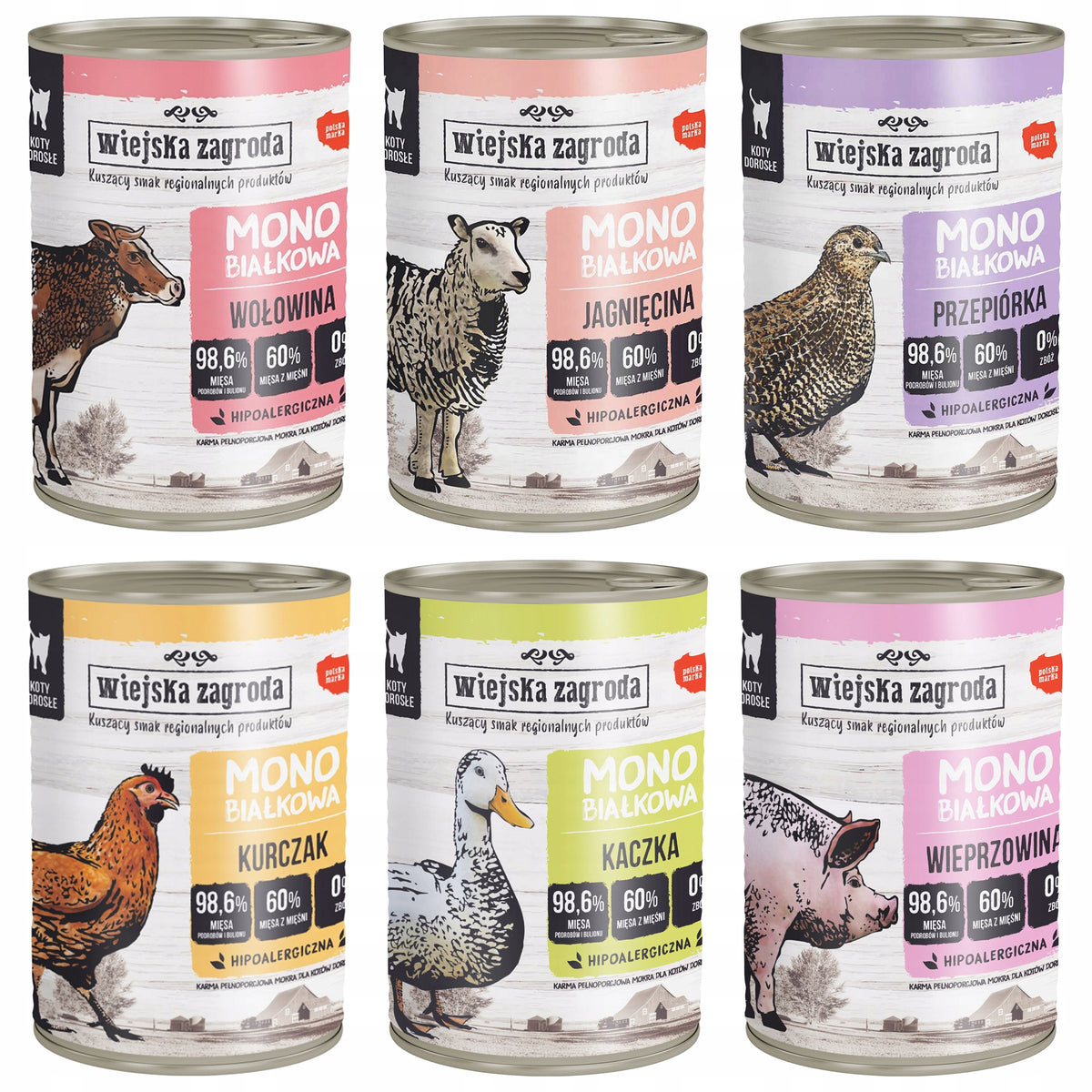 Wiejska Zagroda mokra karma dla kota monoproteinowa 6 x 400 g, bezzbożowa – mix smaków
