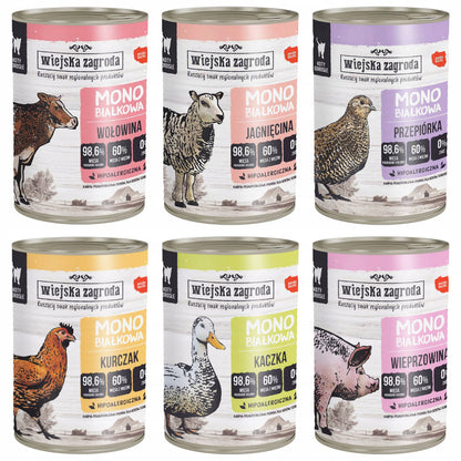 Wiejska Zagroda mokra karma dla kota monoproteinowa 6 x 400 g, bezzbożowa – mix smaków