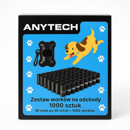 Anytech Worki na psie odchody 1000 szt. z etui – 22 × 30 cm, 50 rolek, czarne