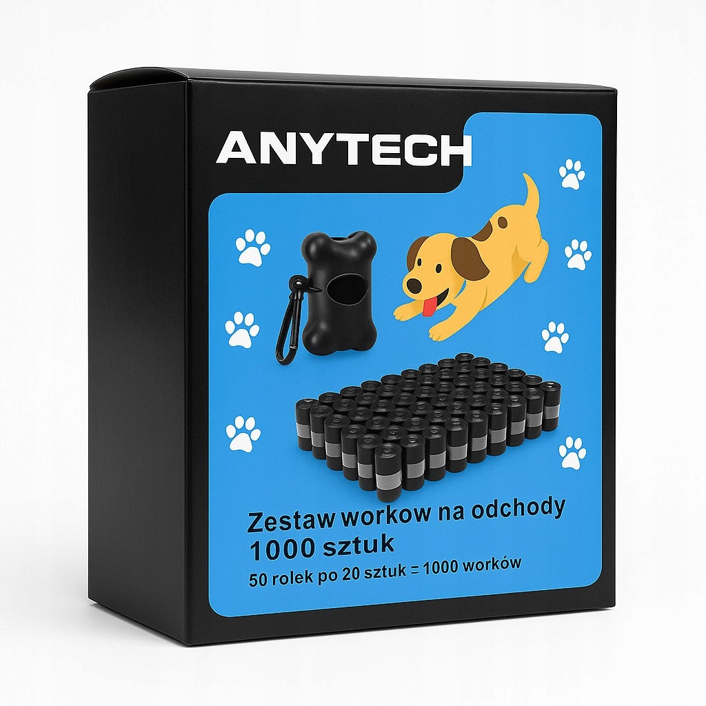 Anytech Worki na psie odchody 1000 szt. z etui – 22 × 30 cm, 50 rolek, czarne