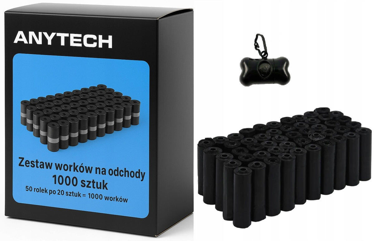 Anytech Worki na psie odchody 1000 szt. z etui – 22 × 30 cm, 50 rolek, czarne