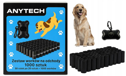 Anytech Worki na psie odchody 1000 szt. z etui – 22 × 30 cm, 50 rolek, czarne