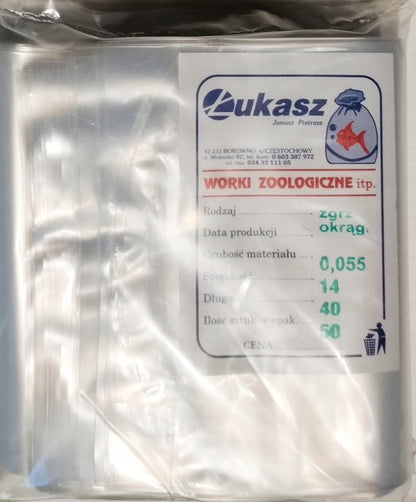 Worki zoologiczne do transportu ryb, krewetek i roślin 14 x 40 cm – 50 sztuk z gumkami