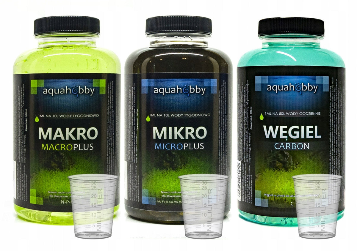 Aqua Hobby nawozy do akwarium roślinnego 3 x 500 ml – makro, mikro i węgiel w płynie