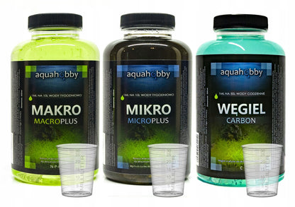 Aqua Hobby nawozy do akwarium roślinnego 3 x 500 ml – makro, mikro i węgiel w płynie