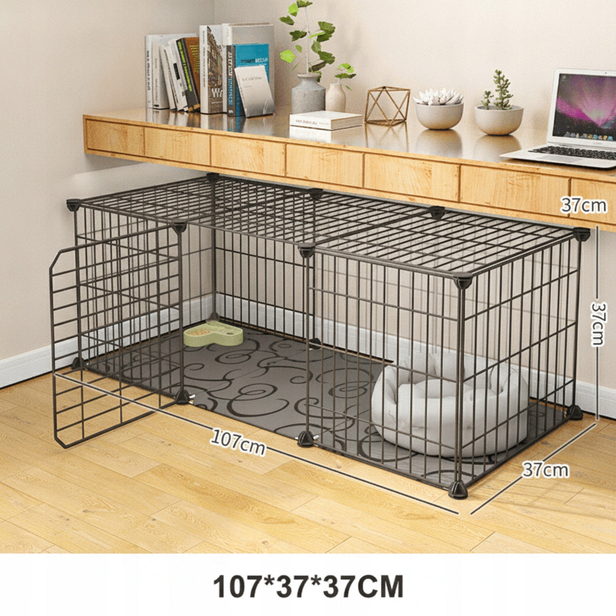 Kojec dla królika i świnki morskiej z matą podłogową 107 × 37 × 37 cm, modułowy – czarny