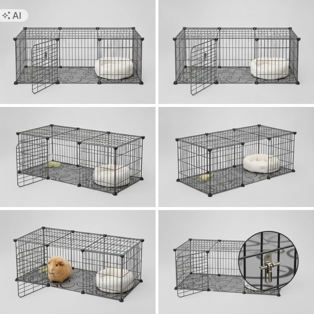Kojec dla królika i świnki morskiej z matą podłogową 107 × 37 × 37 cm, modułowy – czarny