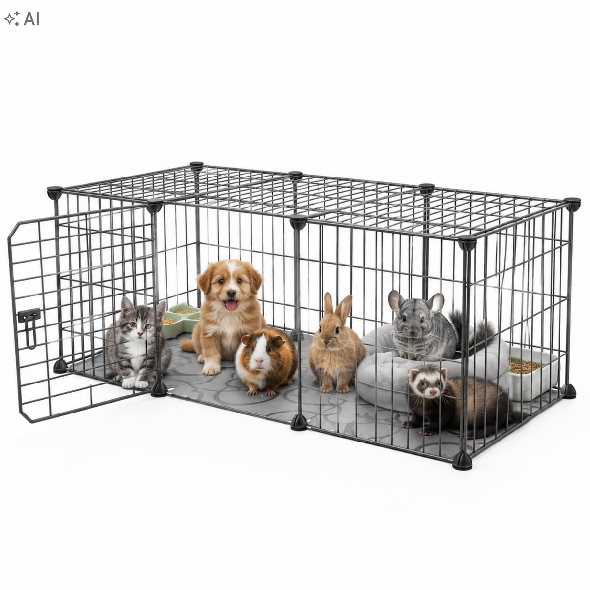 Kojec dla królika i świnki morskiej z matą podłogową 107 × 37 × 37 cm, modułowy – czarny
