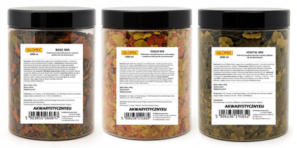 Glopex zestaw pokarmów płatkowanych dla ryb 3 × 1000 ml – Vegetal, Basic, Eigelb