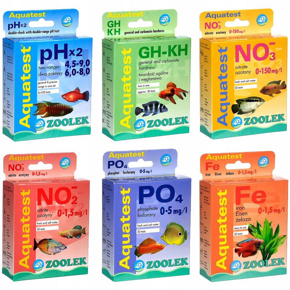Zoolek Zestaw testów kropelkowych do akwarium pH x2, GH-KH, NO2, NO3, PO4, Fe