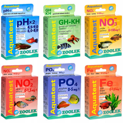 Zoolek Zestaw testów kropelkowych do akwarium pH x2, GH-KH, NO2, NO3, PO4, Fe