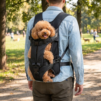 Person walking in park with dog in backpack style carrier, focus on foam padding and ventilation system.