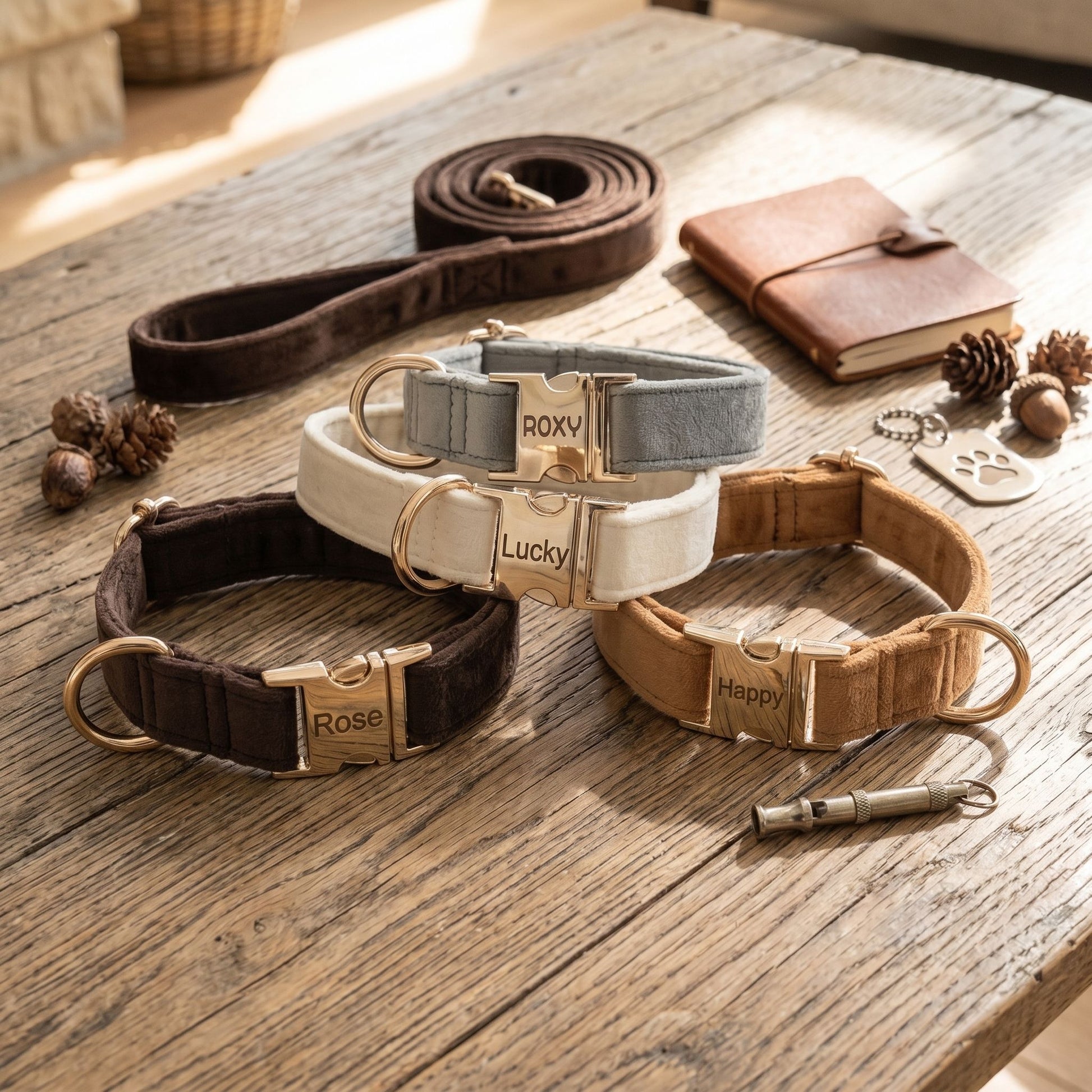 Flat lay of a velour dog collar on a wooden surface, surrounded by accessories like a leash and toy, emphasizing textures and design.
