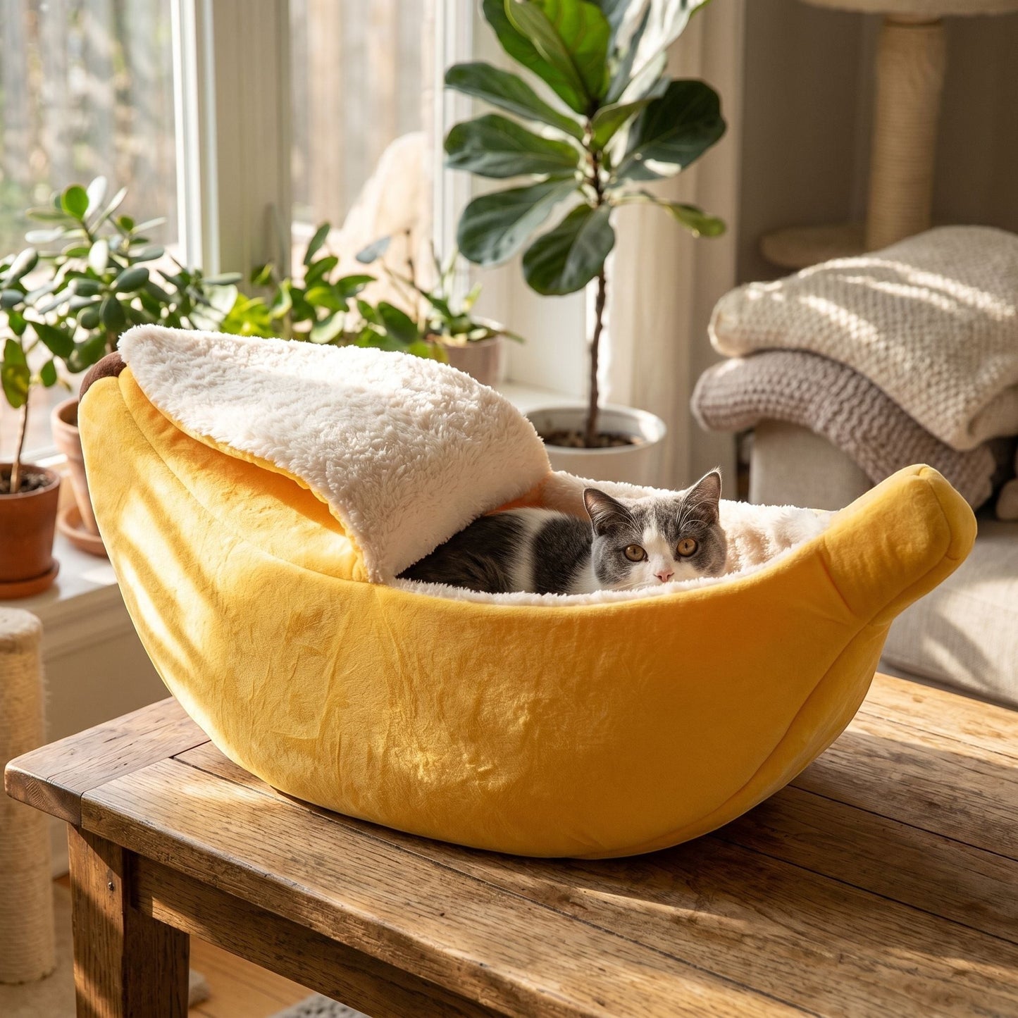 Colorful banana-shaped cat bed with plush fabric, rounded walls, and multicolored designs, perfect for cozy naps.