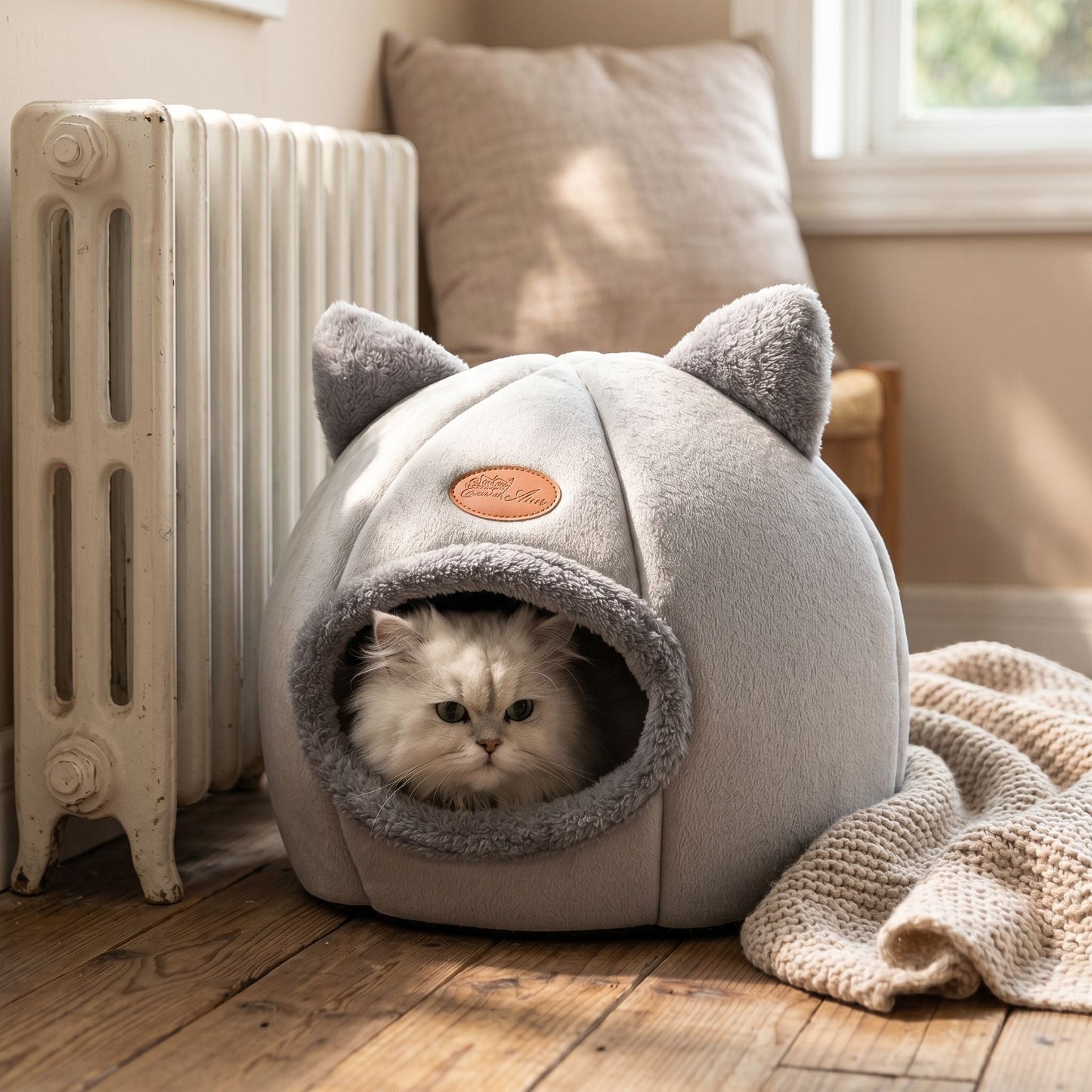 Side perspective of a cotton pet bed placed next to a radiator, emphasizing its warmth, layered fabric, and natural materials in a cozy room corner.