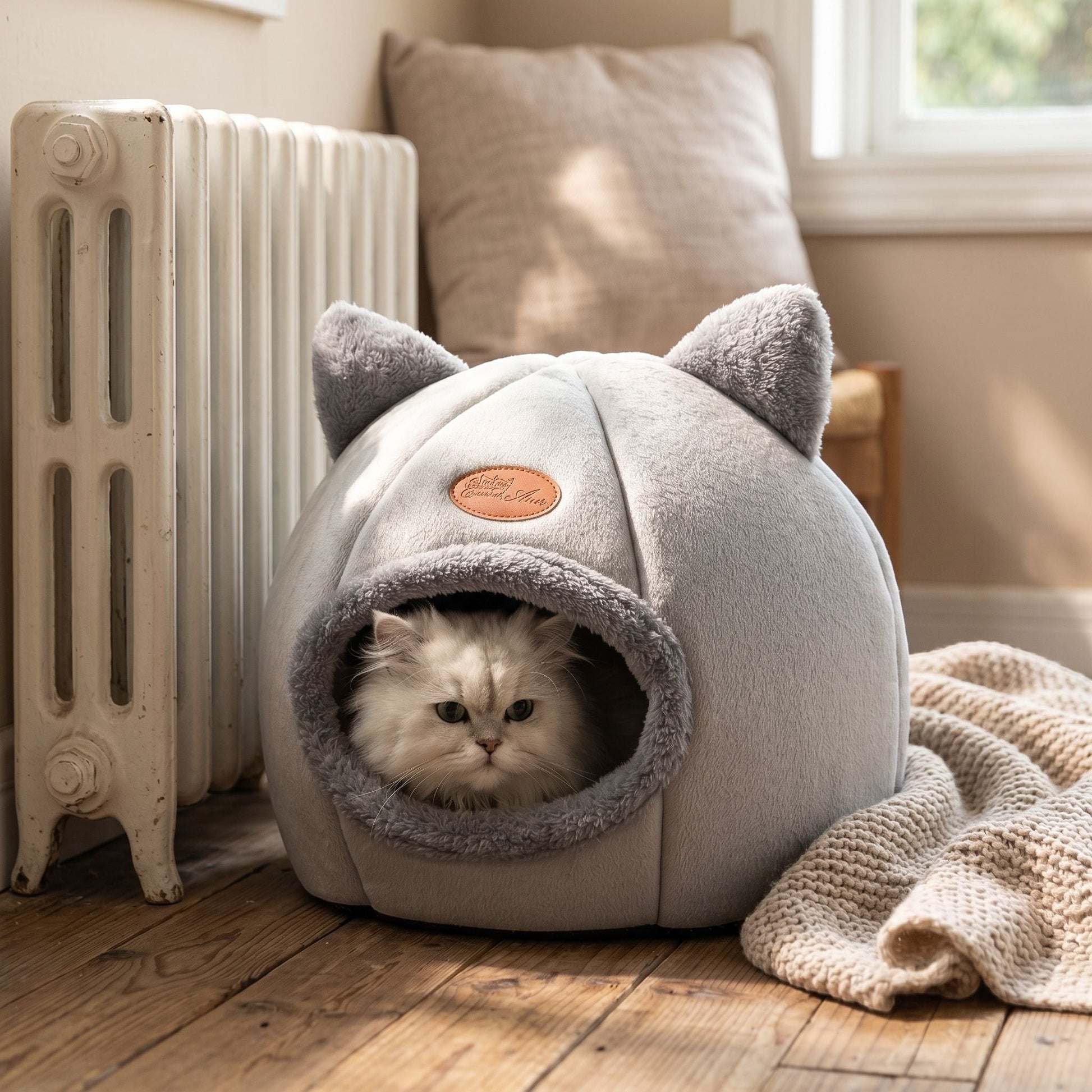 Side perspective of a cotton pet bed placed next to a radiator, emphasizing its warmth, layered fabric, and natural materials in a cozy room corner.