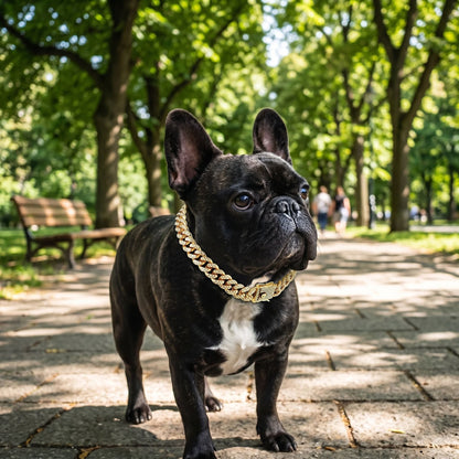 Full-body shot of a pet wearing a stainless steel Cuban link collar with crystals in a lush park scene during daylight.